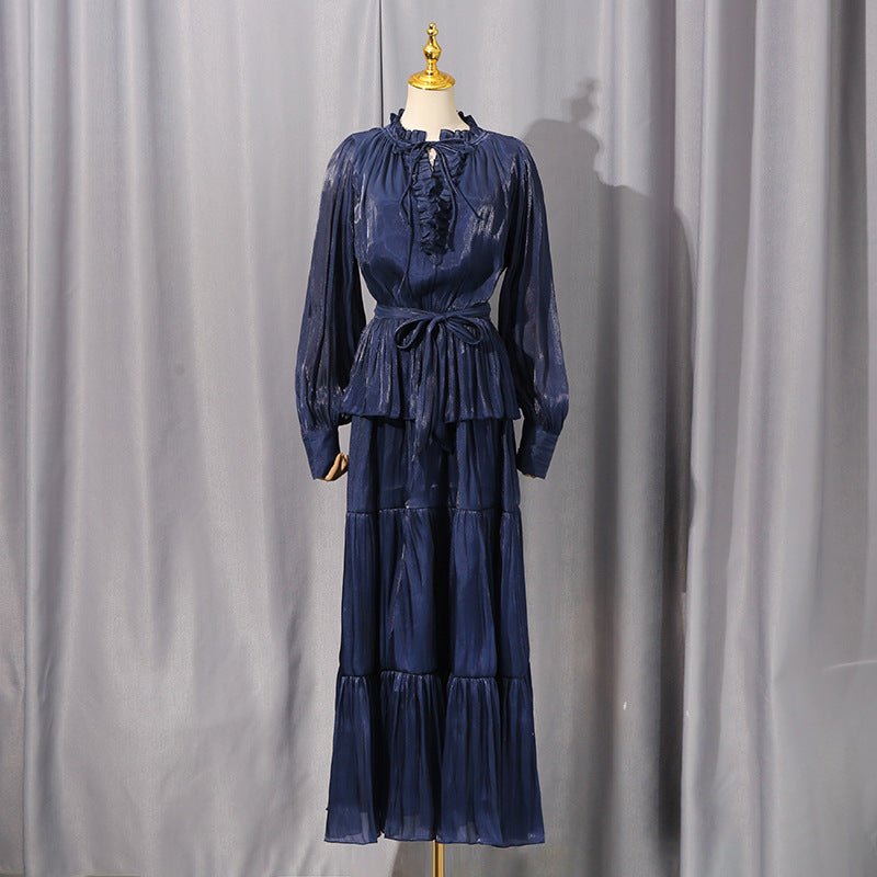 Matching belt and dress set detail — tiered satin party gown