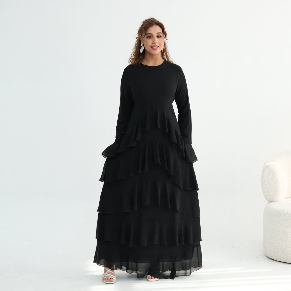 Tiered Ruffle Maxi Dress with Ruffle Cuffs(MS337) - Mariam's Collection