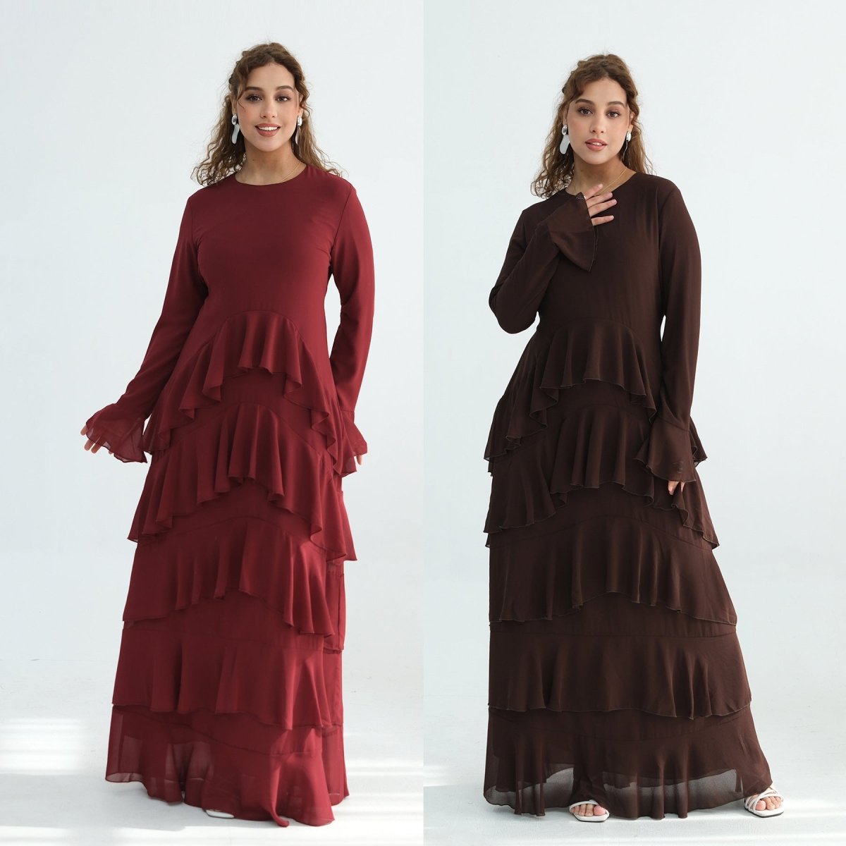 Tiered Ruffle Maxi Dress with Ruffle Cuffs(MS337) - Mariam's Collection