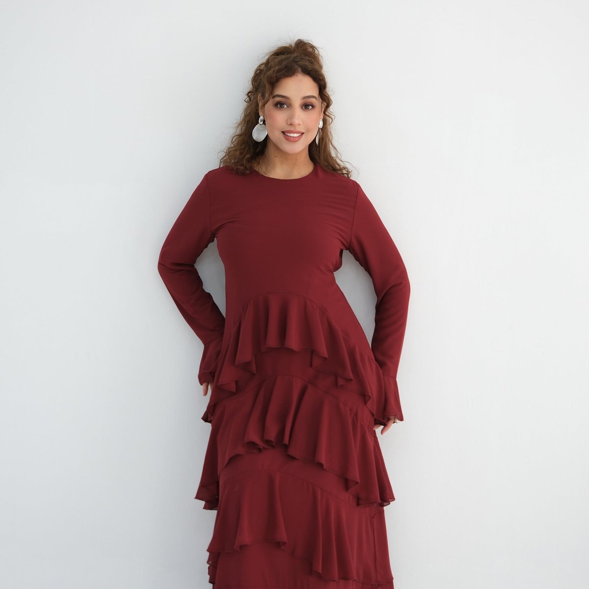 Tiered Ruffle Maxi Dress with Ruffle Cuffs(MS337) - Mariam's Collection