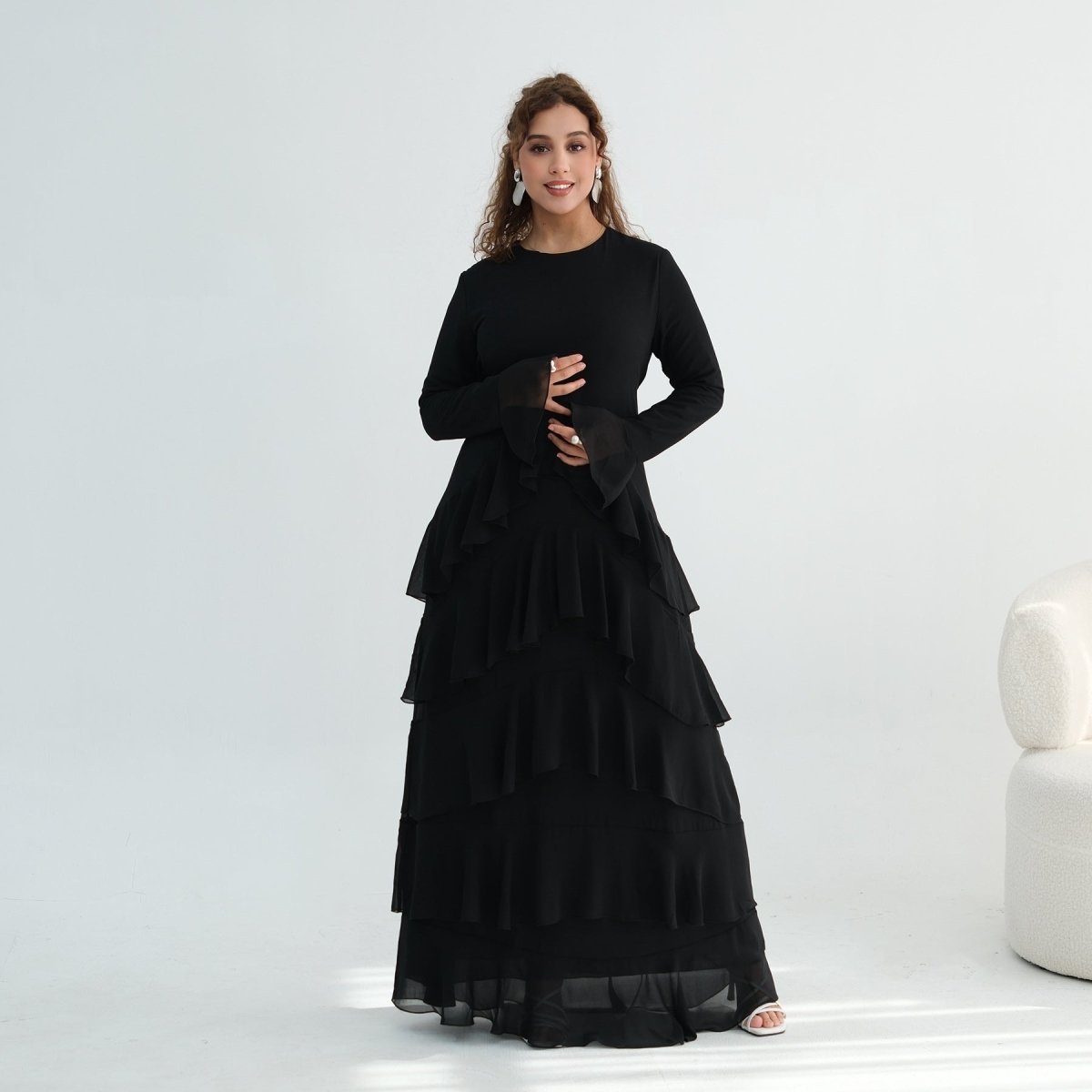 Tiered Ruffle Maxi Dress with Ruffle Cuffs(MS337) - Mariam's Collection
