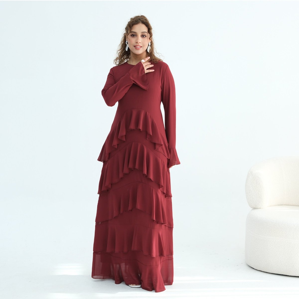 Tiered Ruffle Maxi Dress with Ruffle Cuffs(MS337) - Mariam's Collection
