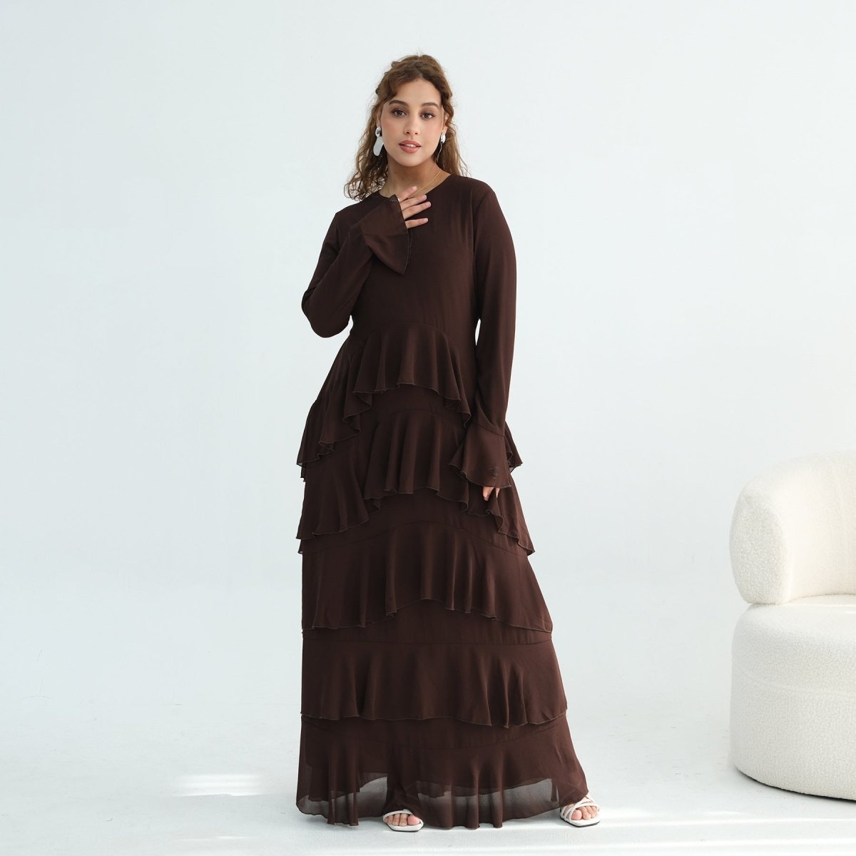 Tiered Ruffle Maxi Dress with Ruffle Cuffs(MS337) - Mariam's Collection