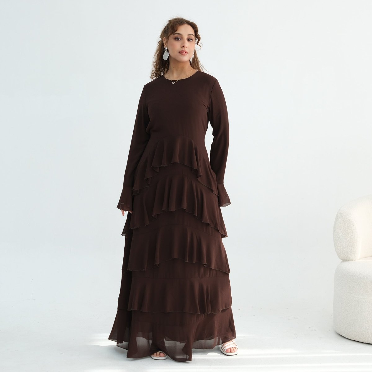 Tiered Ruffle Maxi Dress with Ruffle Cuffs(MS337) - Mariam's Collection