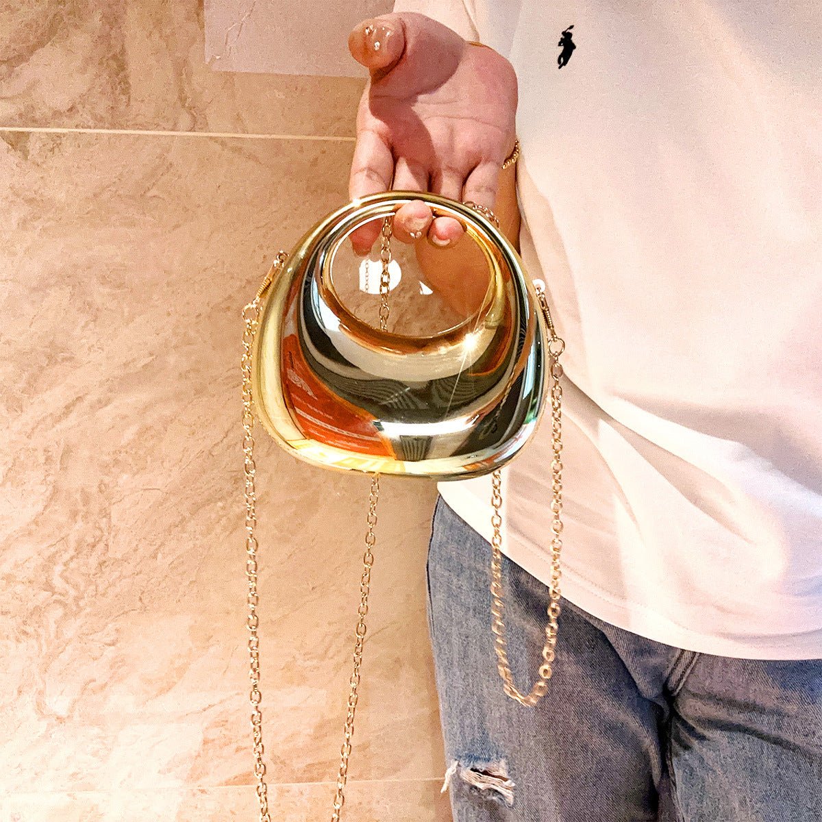 Trendy Acrylic Handbag for Women - Shiny Metal Crossbody/Shoulder Tote (Mini Crescent Design)(MAC239) - Mariam's Collection