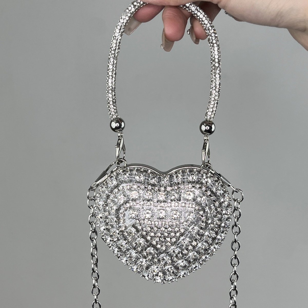 Trendy Mini Heart Chain Clutch Bag with Rhinestones – Elegant Evening Crossbody Purse for Women(MAC240) - Mariam's Collection