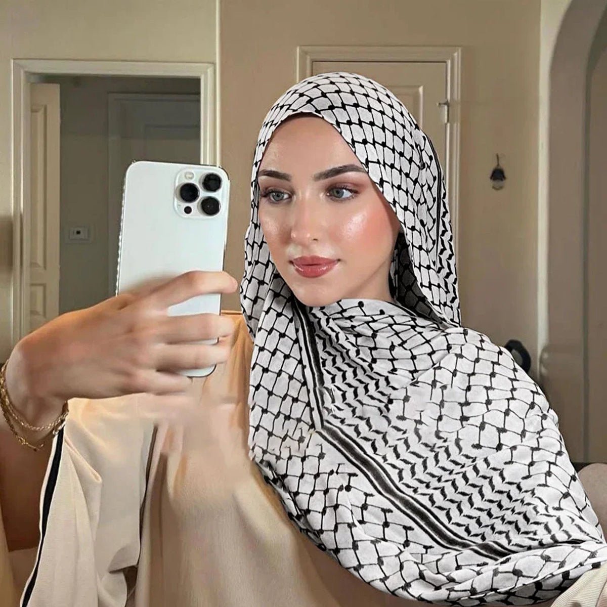 Trendy Women's Chiffon Keffiyeh Scarf with Print – Perfect for Summer, Travel & Islamic Modest Fashion(MH110) - Mariam's Collection