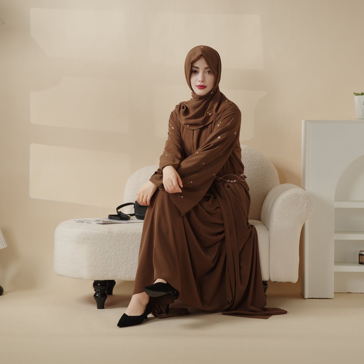 Tulip Embroidery Open Abaya 4 - Piece Set (MOA051) - Mariam's Collection