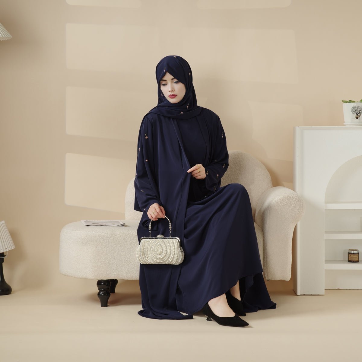 Tulip Embroidery Open Abaya 4 - Piece Set (MOA051) - Mariam's Collection