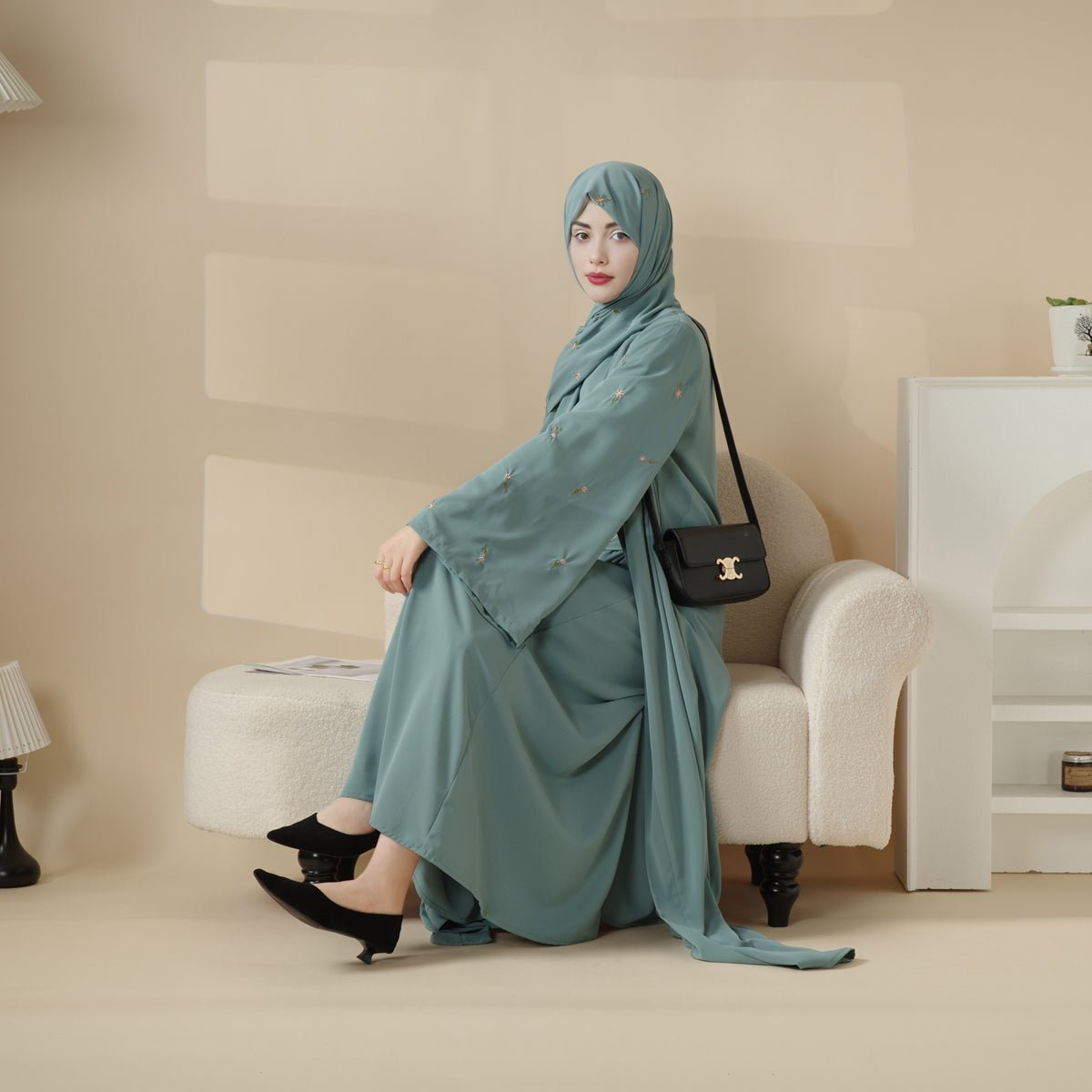 Tulip Embroidery Open Abaya 4 - Piece Set (MOA051) - Mariam's Collection