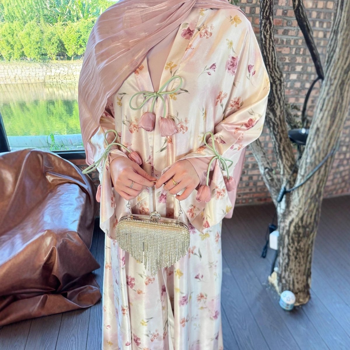 Tulip Print Satin Abaya Set with Jacket | Two-Piece Kimono Outfit