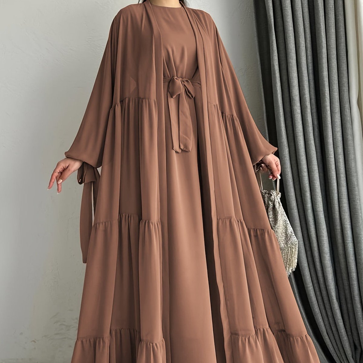 Two - Piece Tiered Dress & Tie - Sleeve Cardigan Set(MOA292) - Mariam's Collection