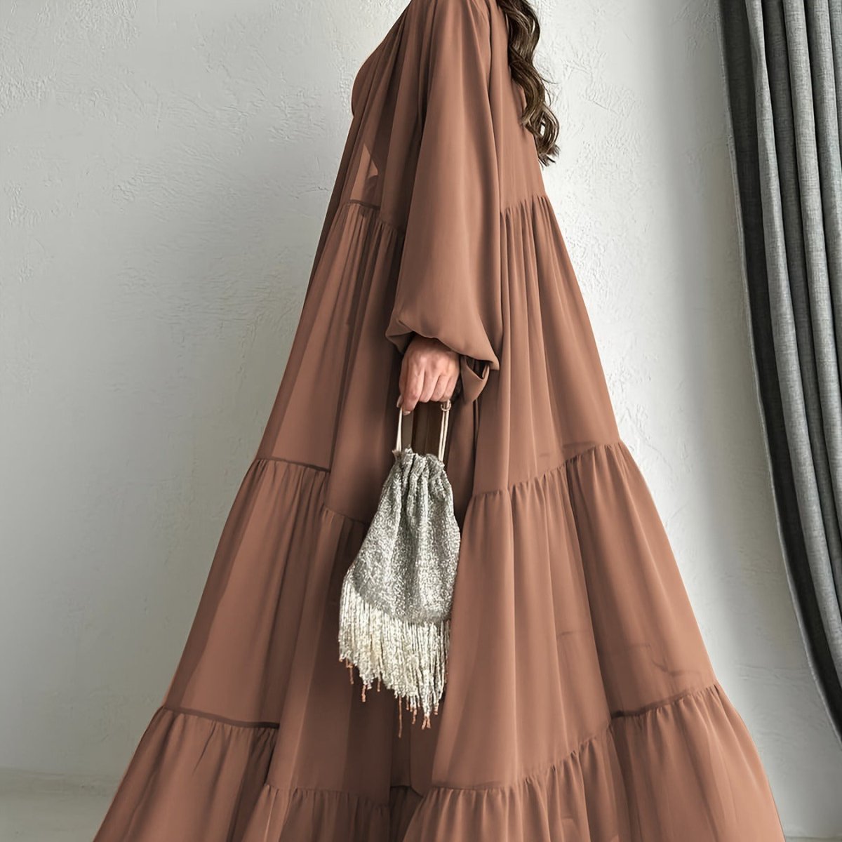 Two - Piece Tiered Dress & Tie - Sleeve Cardigan Set(MOA292) - Mariam's Collection