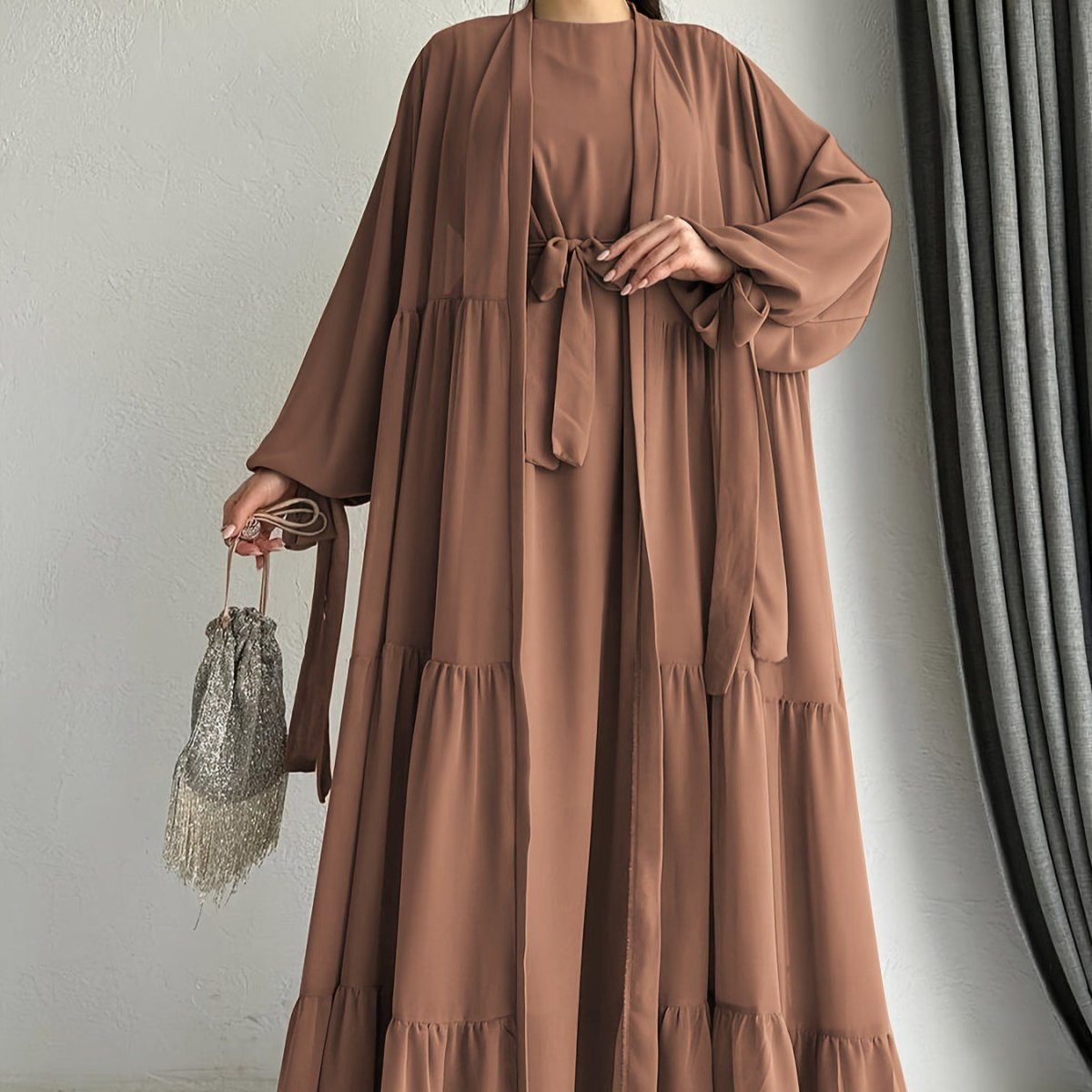 Two - Piece Tiered Dress & Tie - Sleeve Cardigan Set(MOA292) - Mariam's Collection