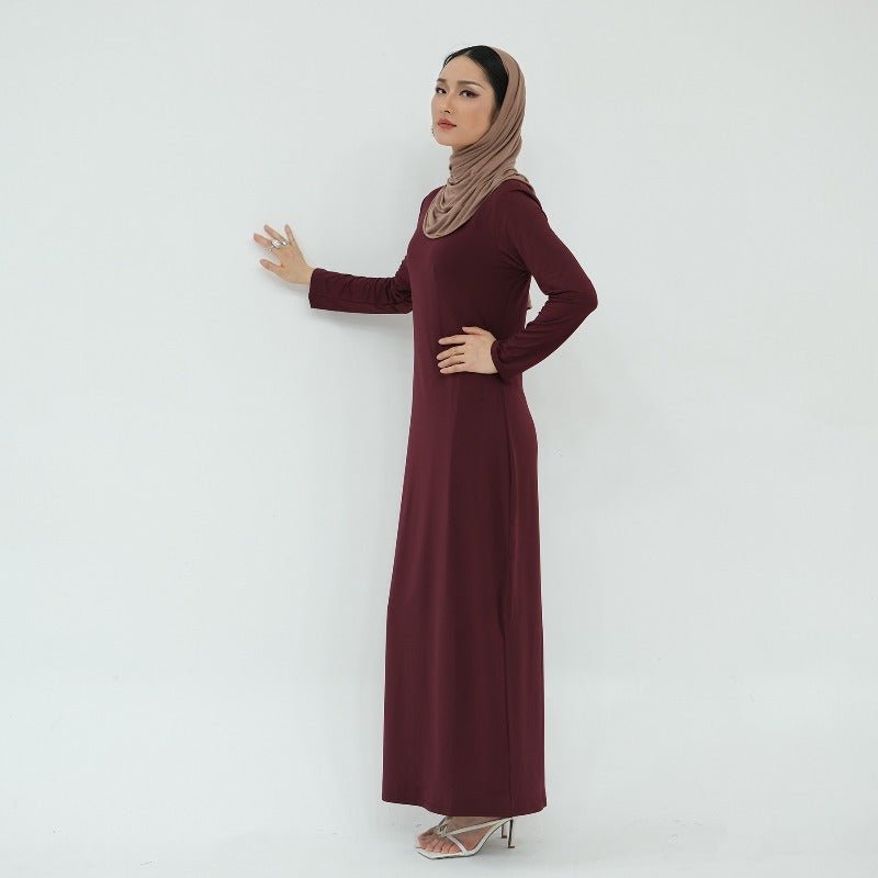 Ultra Long Milk Silk Soft Layering Essential Base Dress | Round Neck Pullover Maxi Underdress(MA319) - Mariam's Collection