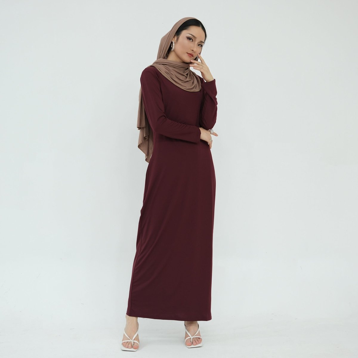 Ultra Long Milk Silk Soft Layering Essential Base Dress | Round Neck Pullover Maxi Underdress(MA319) - Mariam's Collection