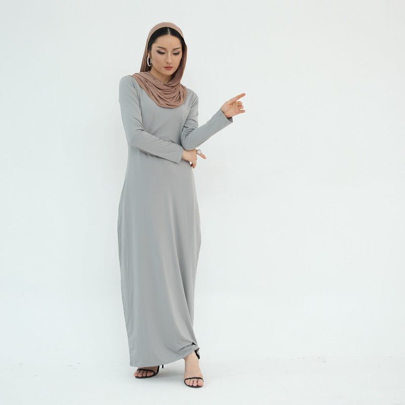 Ultra Long Milk Silk Soft Layering Essential Base Dress | Round Neck Pullover Maxi Underdress(MA319) - Mariam's Collection