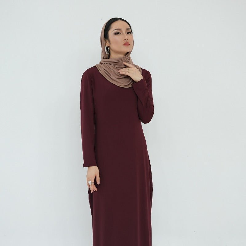 Ultra Long Milk Silk Soft Layering Essential Base Dress | Round Neck Pullover Maxi Underdress(MA319) - Mariam's Collection