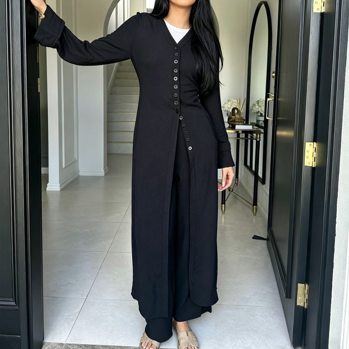 V-Neck Button-Through Longline Cardigan & Wide-Leg Trouser Set(MS470) - Mariam's Collection