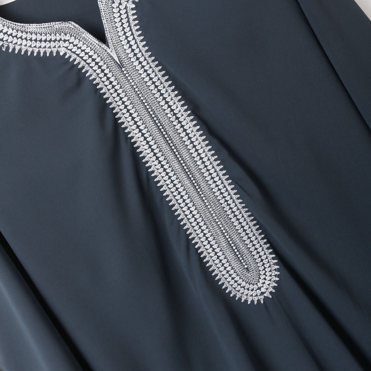 V - Neck Geometric Stitching Embroidered Medium Short Sleeve Muslim Robe Thobe. (MT030) - Mariam's Collection