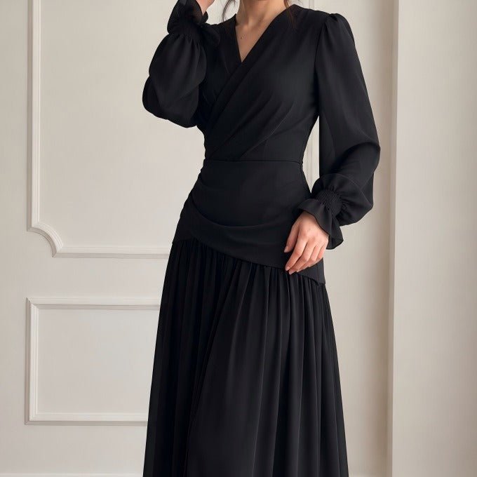 V-Neck Ruched Waist Gathered Maxi Dress(MS505) - Mariam's Collection