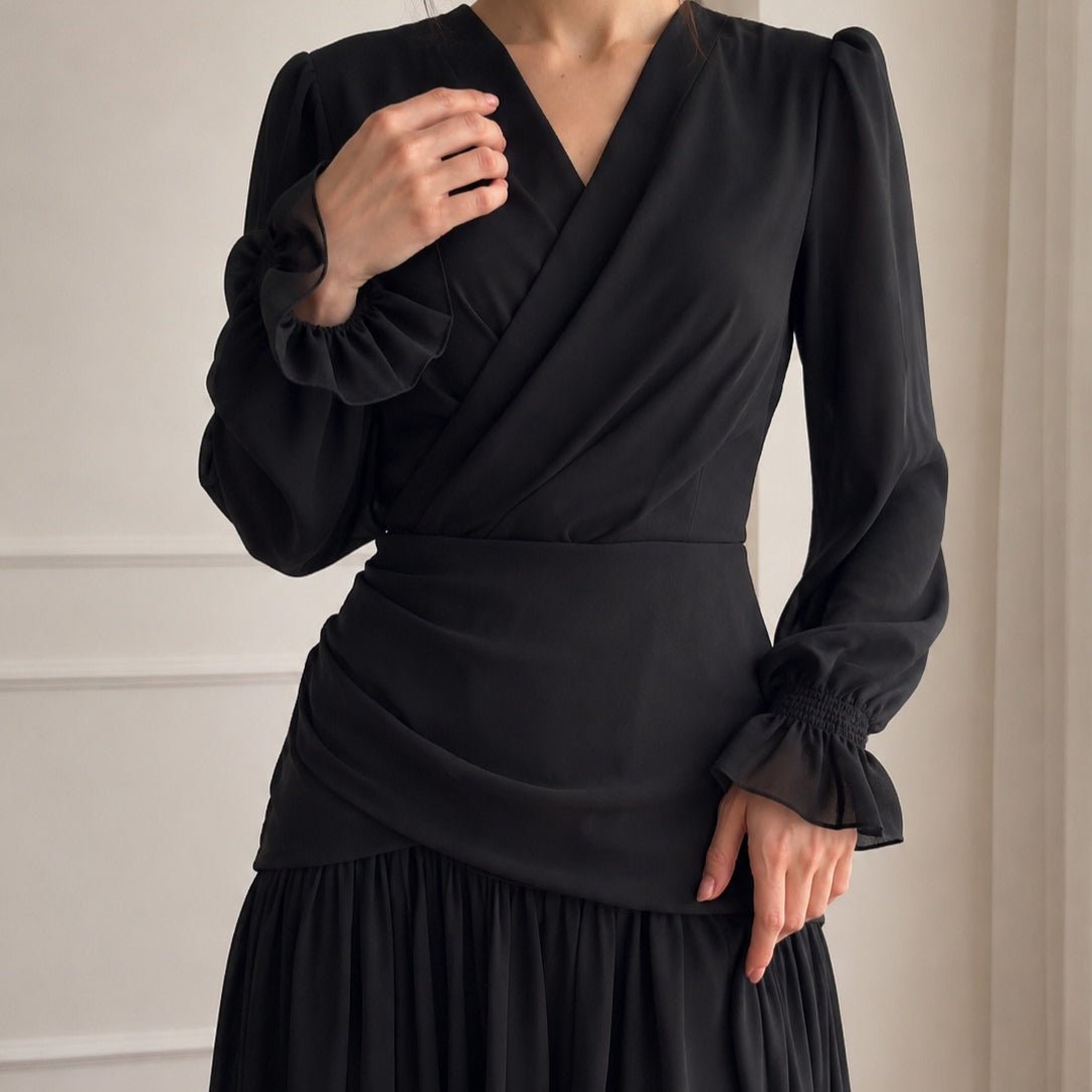 V-Neck Ruched Waist Gathered Maxi Dress(MS505) - Mariam's Collection