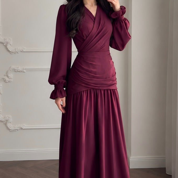 V-Neck Ruched Waist Gathered Maxi Dress(MS505) - Mariam's Collection