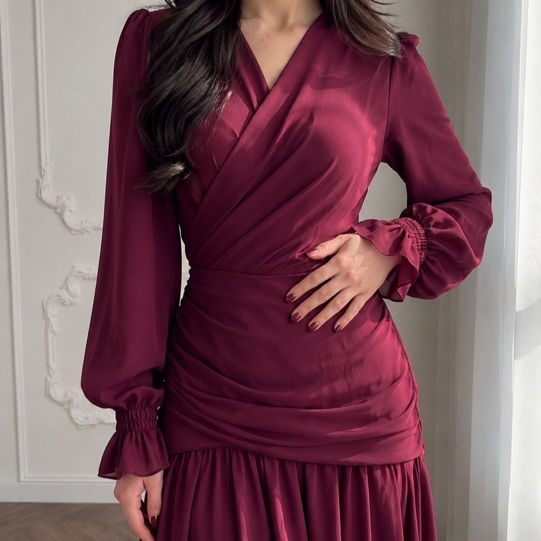 V-Neck Ruched Waist Gathered Maxi Dress(MS505) - Mariam's Collection