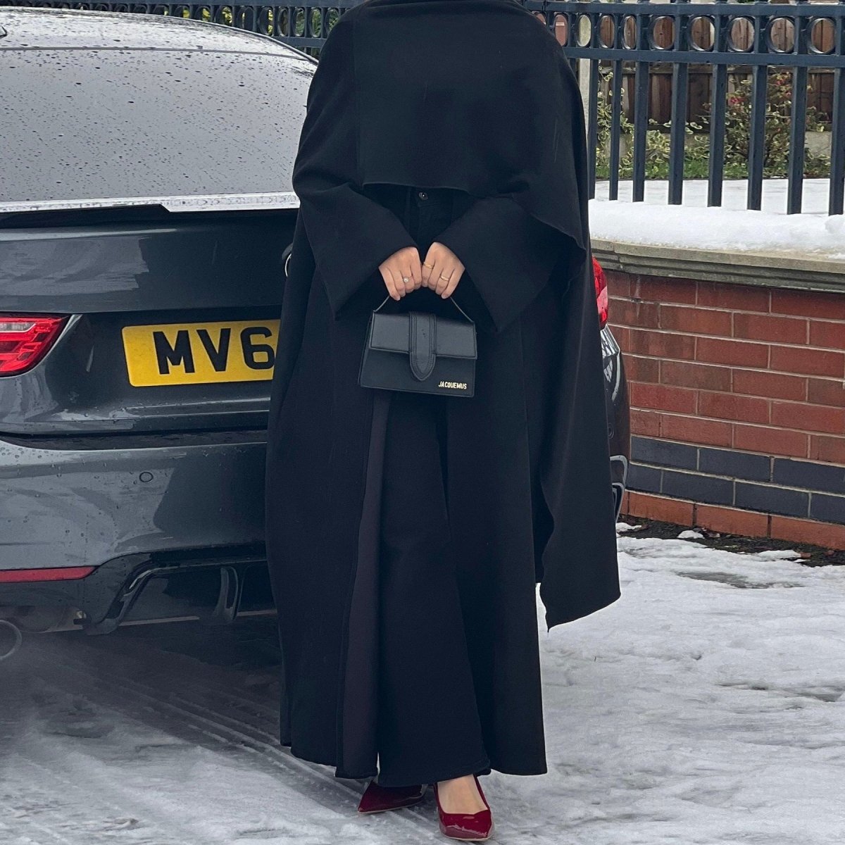 V - Neck Suede - Look Abaya with Attached Cape(MOA247) - Mariam's Collection