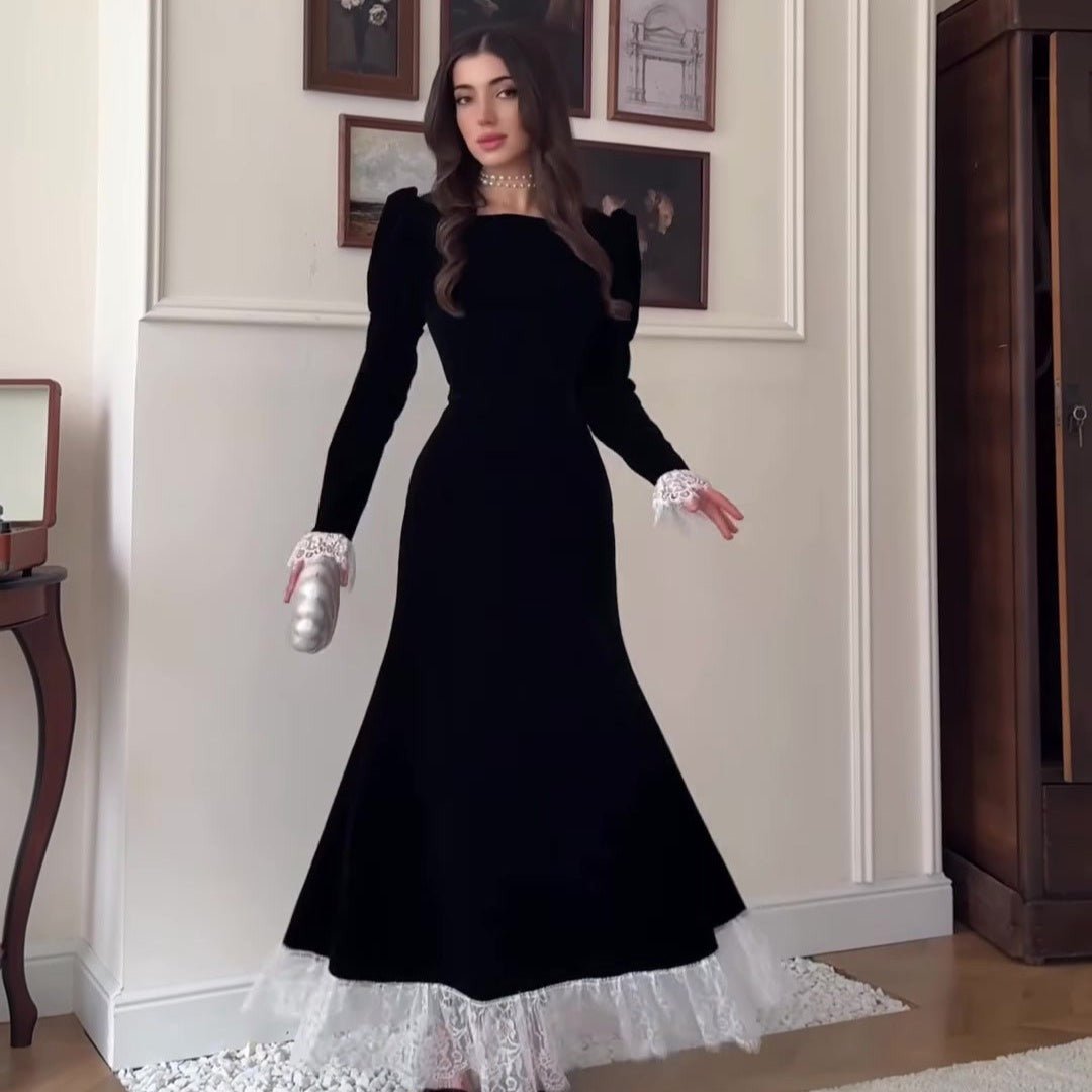 velvet dress design with lace plus size Fat Hepburn Style Black Velvet dress Design Sense Lace Stitching  Gentle Style Slim Look Long Dress for Children | MoveOn