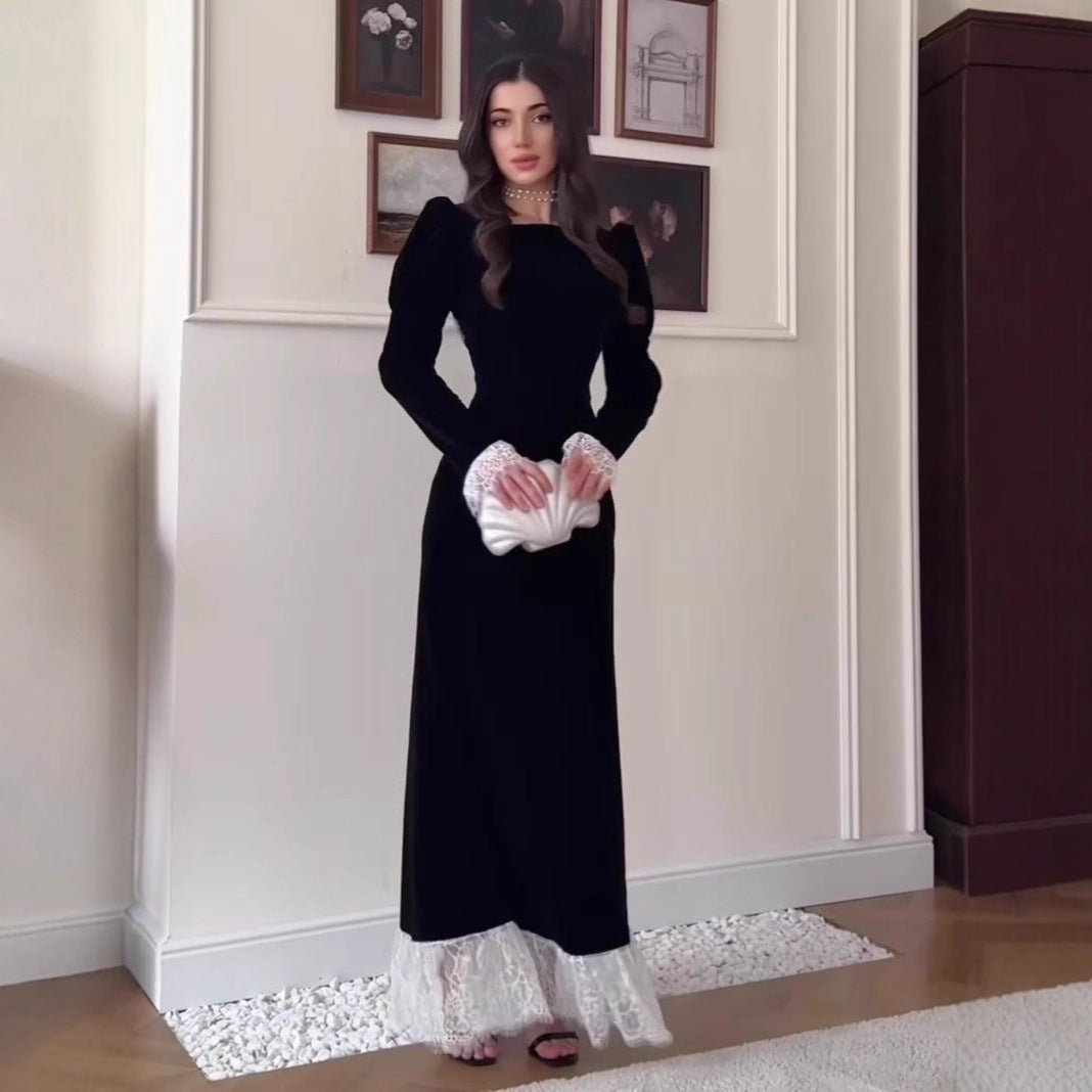 Velvet Gown with Lace Trim(MS238) - Mariam's Collection