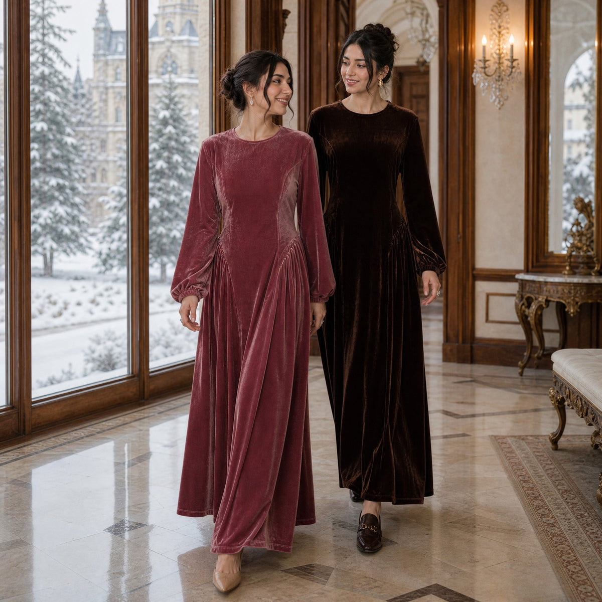 Velvet-Look Fit-and-Flare Maxi Dress(MS562) - Mariam's Collection