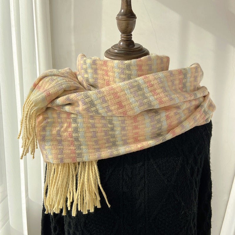 Vibrant Plaid Scarf Faux Wool Warm Shawl with Fringe (MAC334) - Mariam's Collection