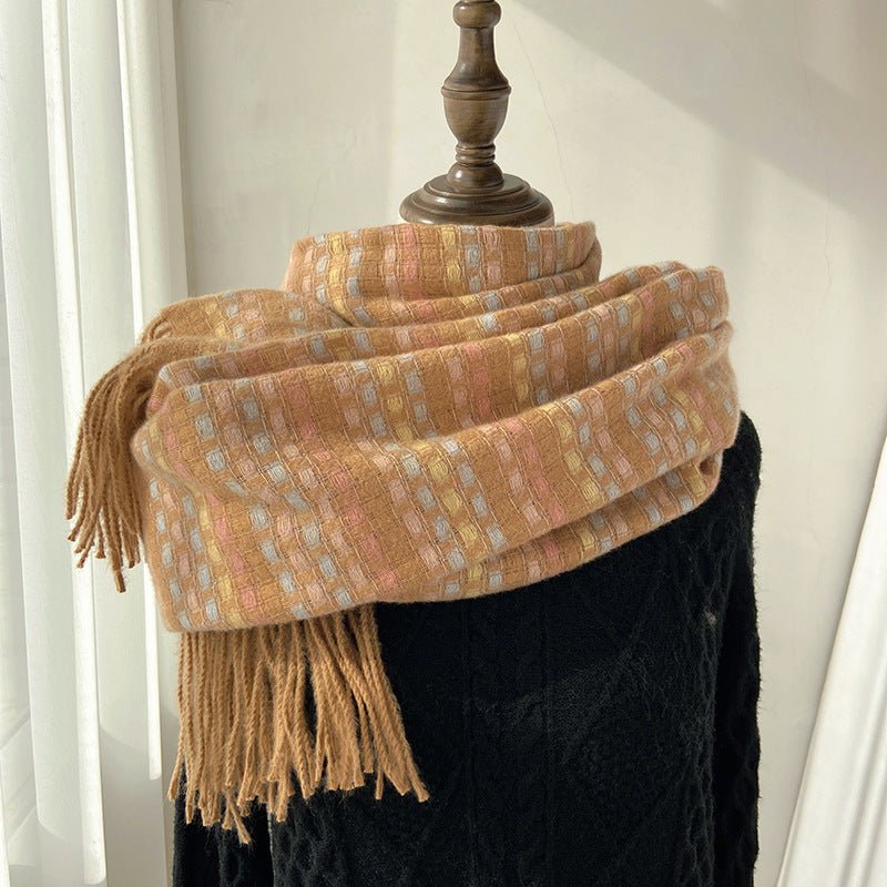 Vibrant Plaid Scarf Faux Wool Warm Shawl with Fringe (MAC334) - Mariam's Collection