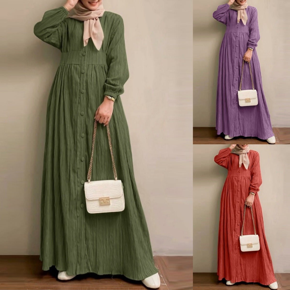 Vintage Button - Front Abaya Dress | Long Sleeve Modest Robe. (MA256) - Mariam's Collection