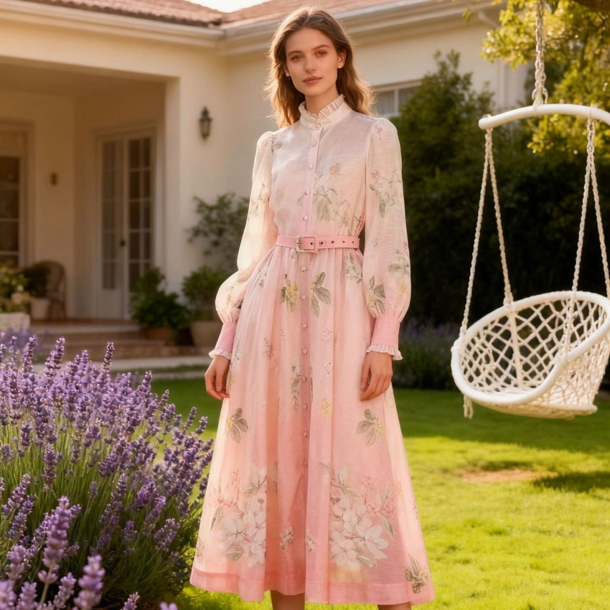 Vintage Floral Print Dress – Ruffle Collar Party Abaya