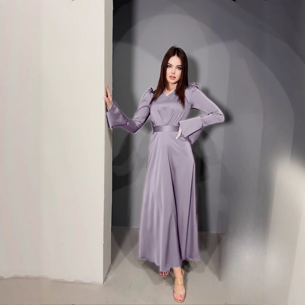 Vintage - Inspired Retro Waist - Tie Long Sleeve V - Neck Bell Sleeve Maxi Dress Abaya. (MA221) - Mariam's Collection