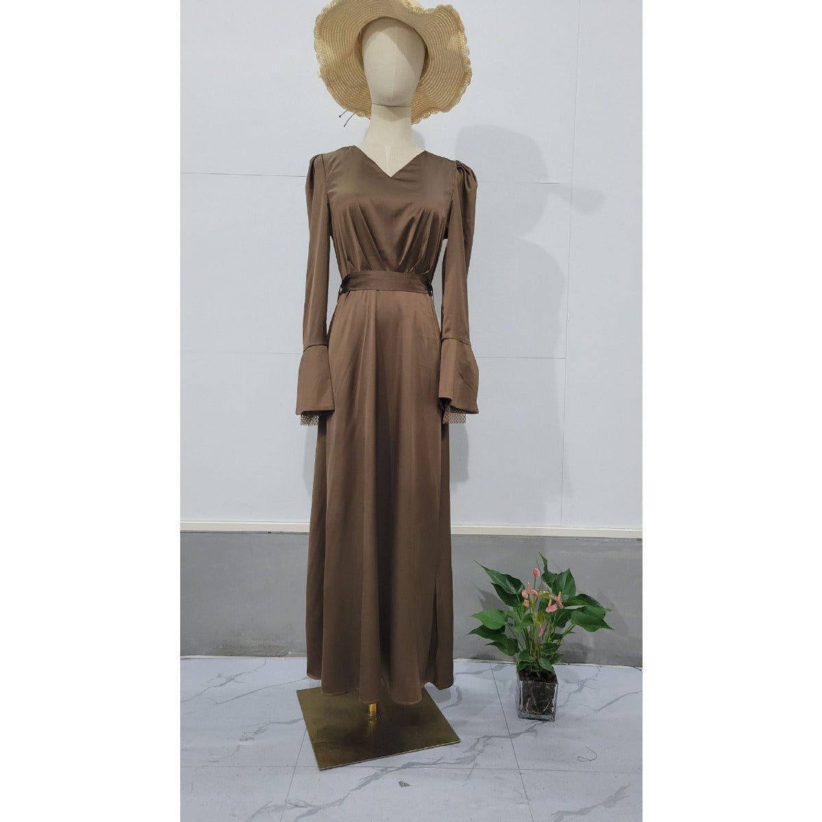 Vintage - Inspired Retro Waist - Tie Long Sleeve V - Neck Bell Sleeve Maxi Dress Abaya. (MA221) - Mariam's Collection