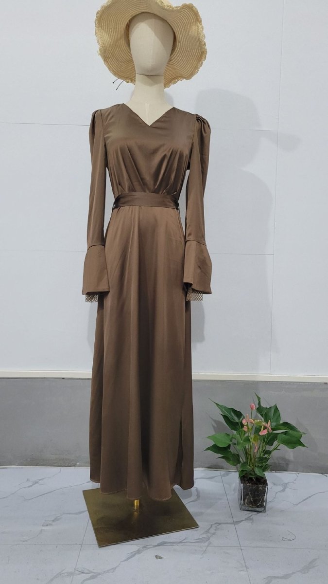 Vintage - Inspired Retro Waist - Tie Long Sleeve V - Neck Bell Sleeve Maxi Dress Abaya. (MA221) - Mariam's Collection