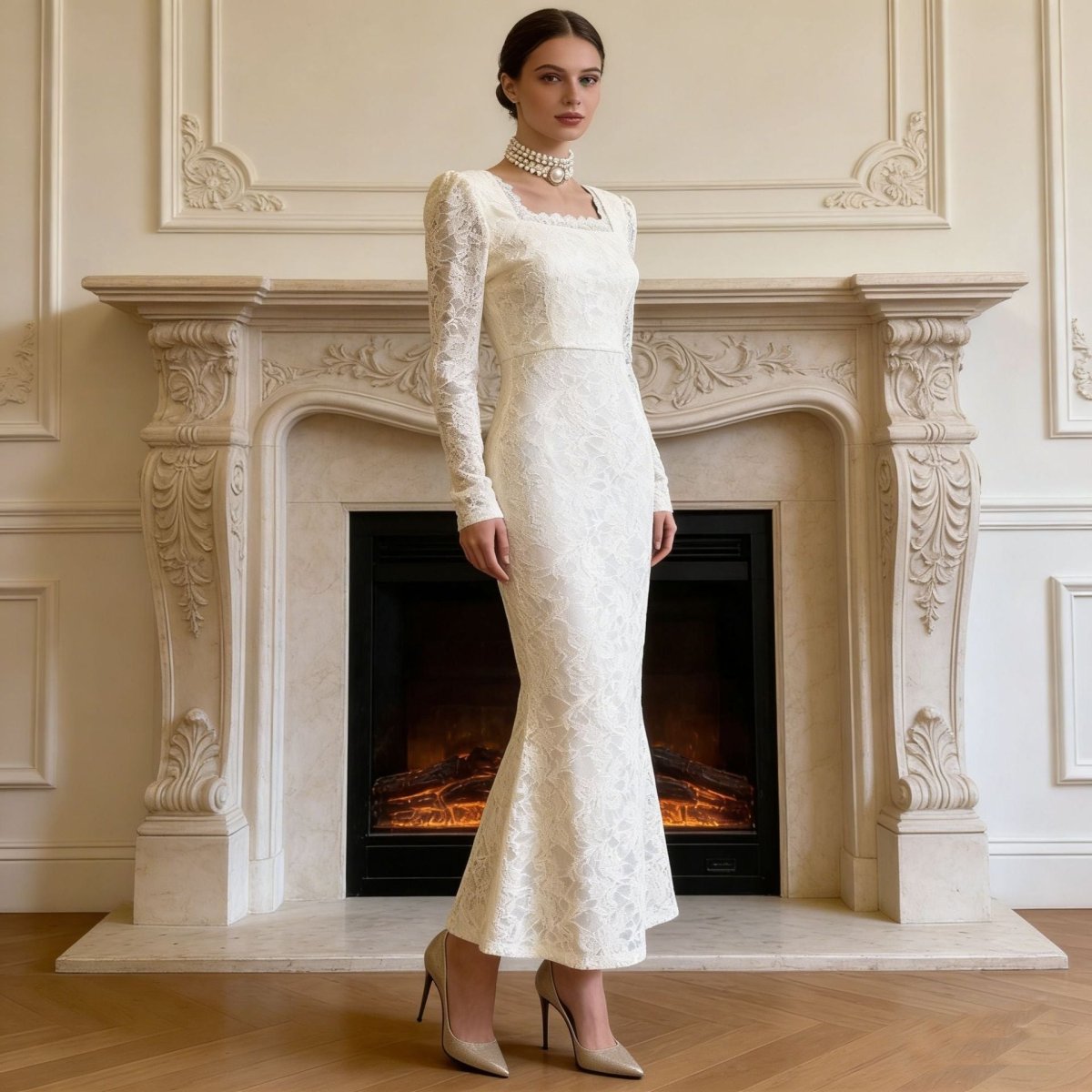 Vintage Lace Fishtail Dress — Mermaid Silhouette Modest Lace Gown