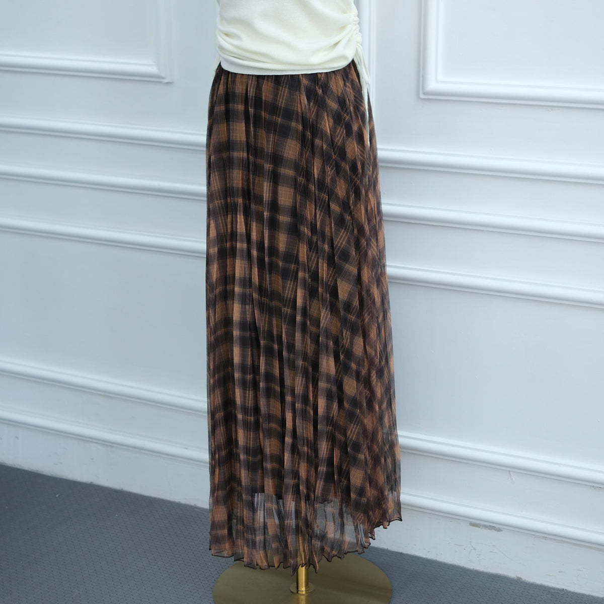 Vintage Plaid Mesh Pleated Maxi Skirt(MS597) - Mariam's Collection