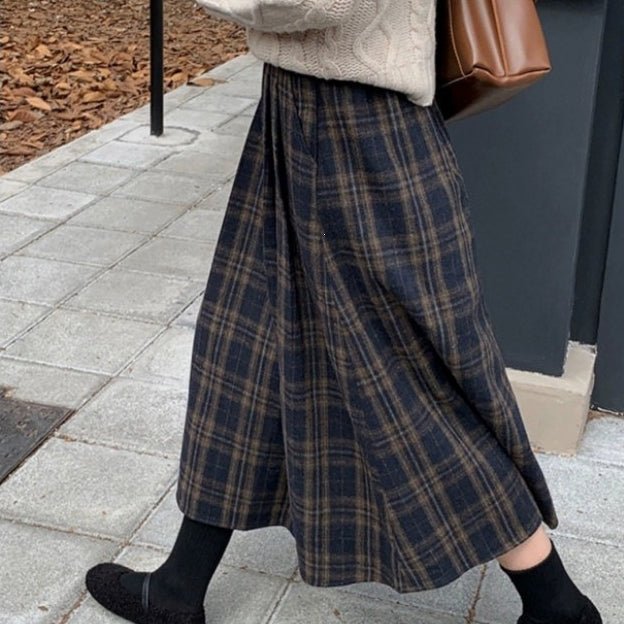 Vintage Plaid Wool-Look A-Line Midi Skirt(MS592) - Mariam's Collection