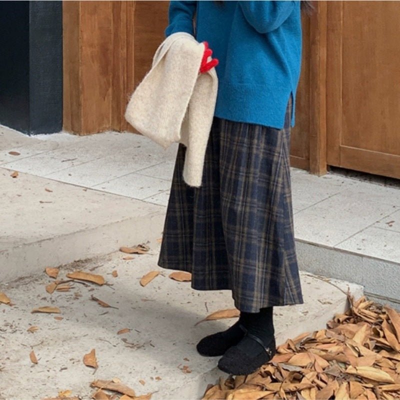 Vintage Plaid Wool-Look A-Line Midi Skirt(MS592) - Mariam's Collection