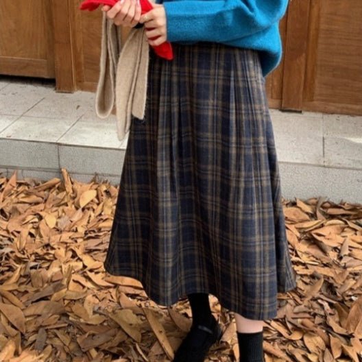 Vintage Plaid Wool-Look A-Line Midi Skirt(MS592) - Mariam's Collection