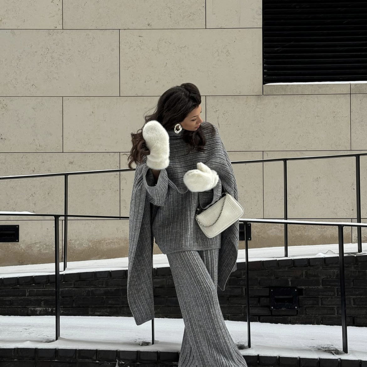 Vintage Ribbed Knit Sweater Set | High Neck Pullover & Wide Leg Pants(MS139) - Mariam's Collection