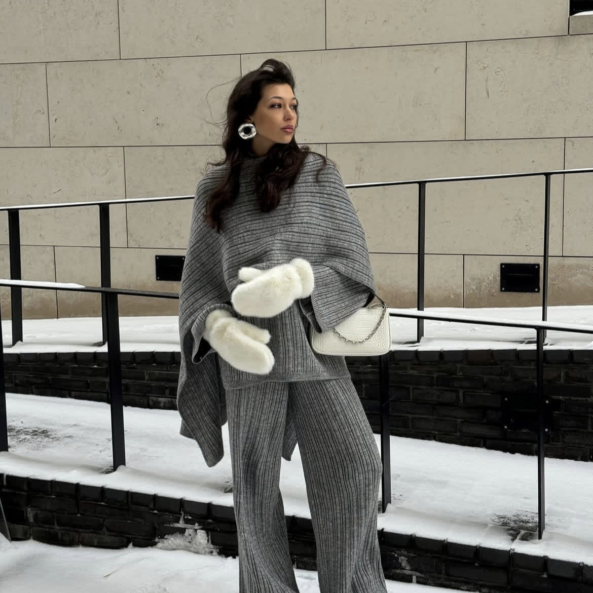 Vintage Ribbed Knit Sweater Set | High Neck Pullover & Wide Leg Pants(MS139) - Mariam's Collection