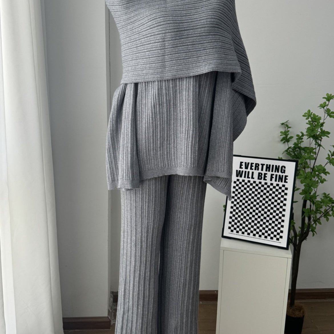 Vintage Ribbed Knit Sweater Set | High Neck Pullover & Wide Leg Pants(MS139) - Mariam's Collection