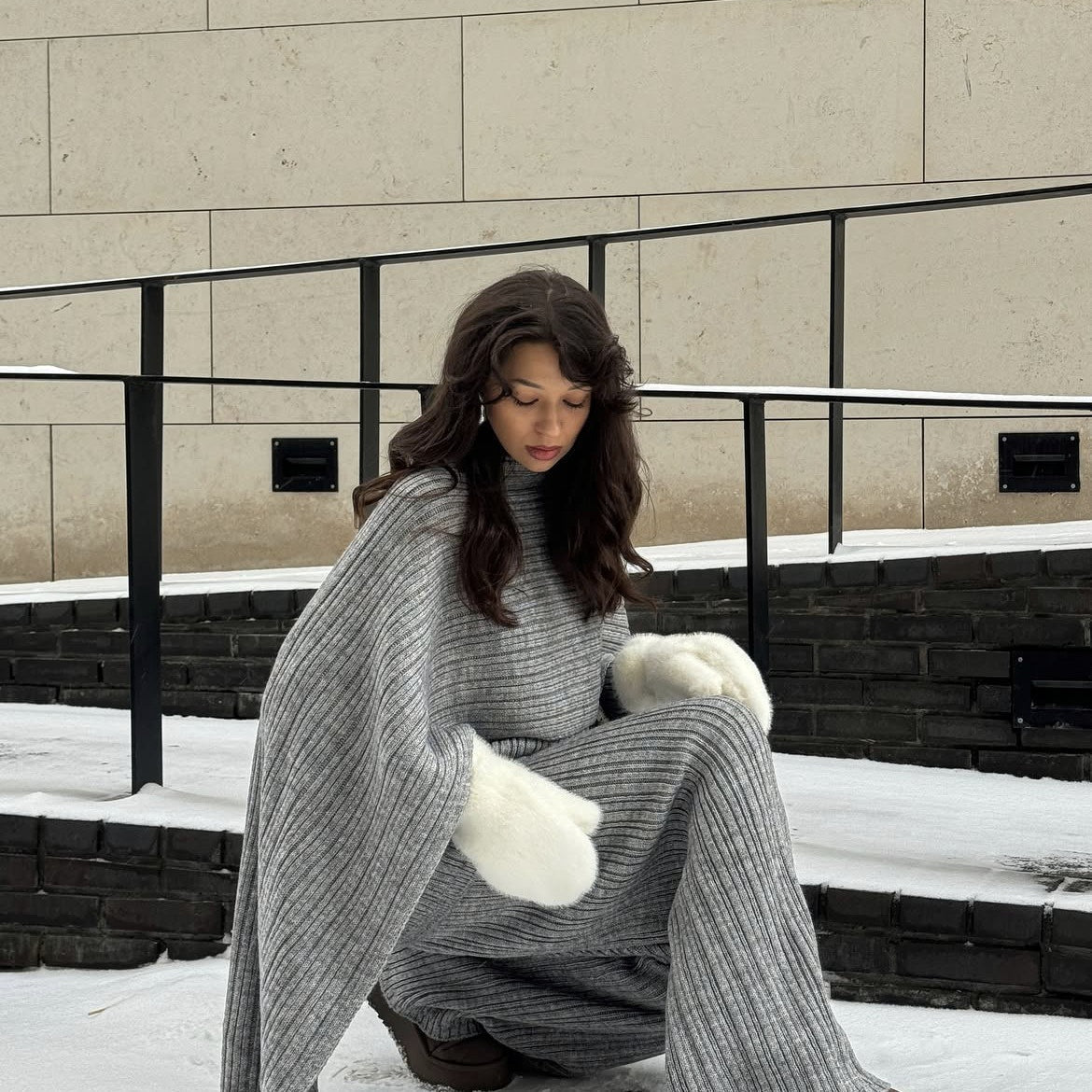 Vintage Ribbed Knit Sweater Set | High Neck Pullover & Wide Leg Pants(MS139) - Mariam's Collection