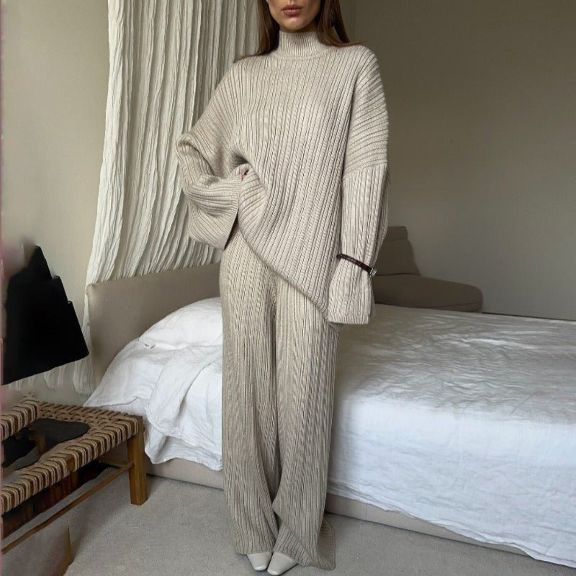 Vintage Ribbed Knit Sweater Set | High Neck Pullover & Wide Leg Pants(MS139) - Mariam's Collection