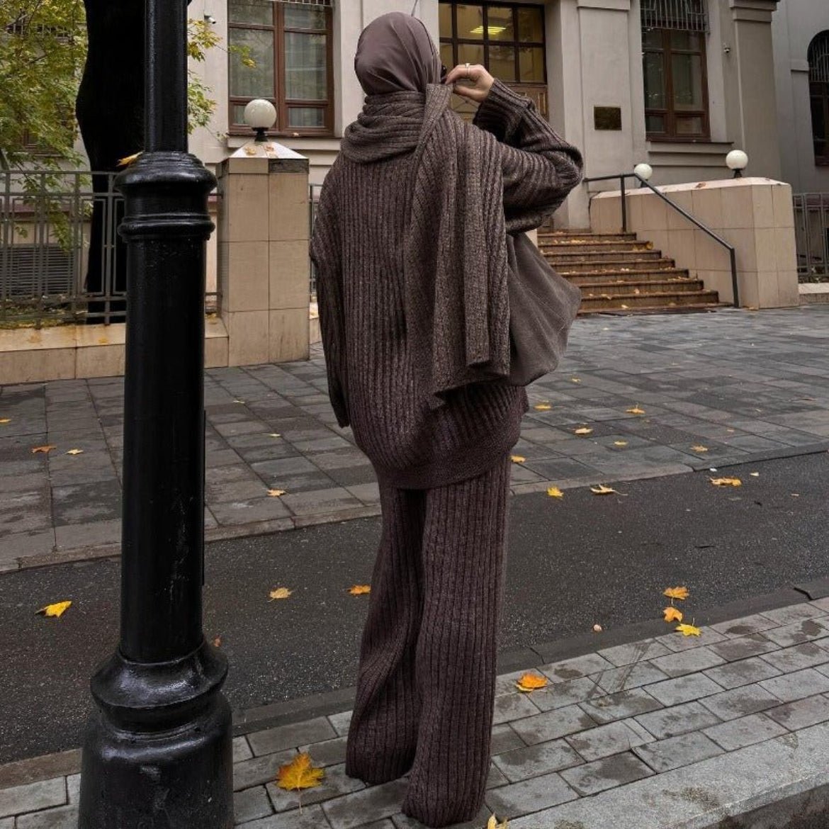 Vintage Ribbed Knit Sweater Set | High Neck Pullover & Wide Leg Pants(MS139) - Mariam's Collection